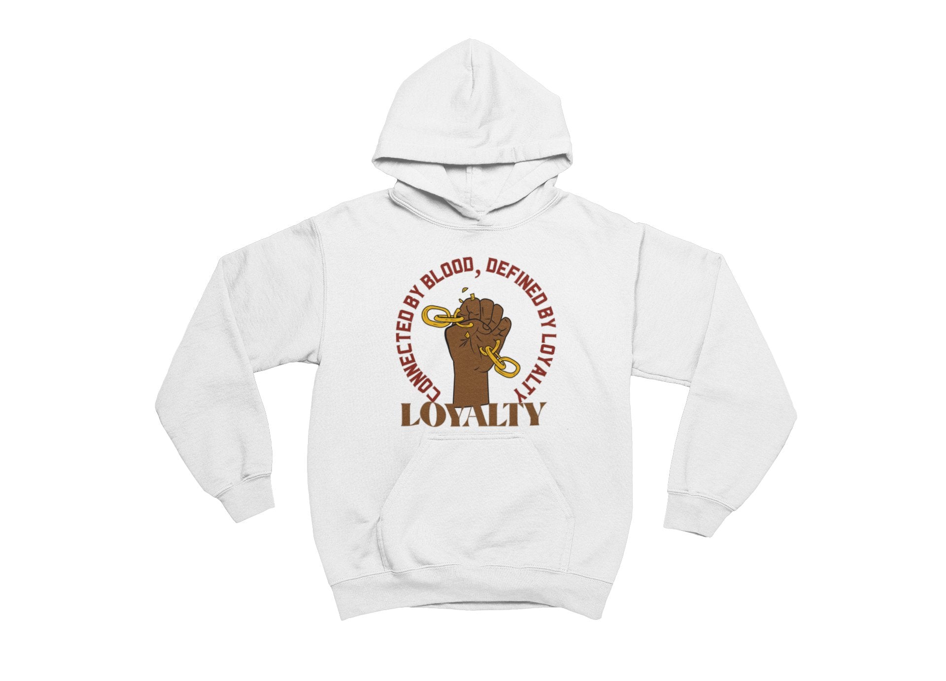 White hoodie with a graphic design on a white background